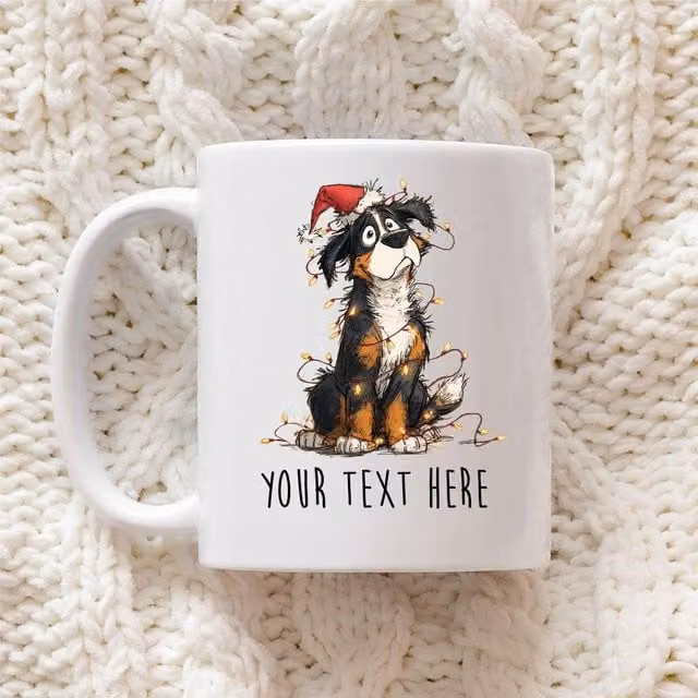 60 SECOND MAKEOVER Personalised Bernese Mountain Dog Christmas Lights Santa Hat Ceramic Mug in White