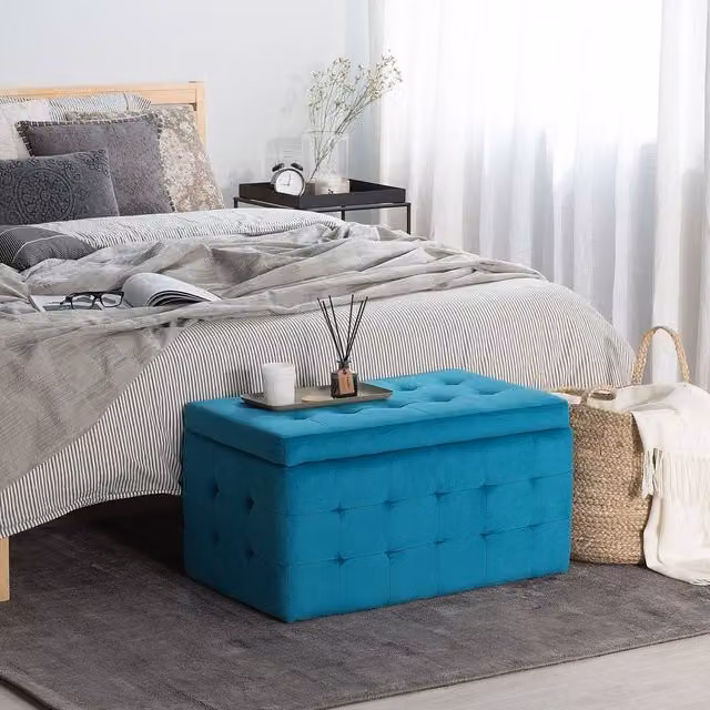 Wyld and Coco Blue Velvet Chesterfield Tufted Storage Ottoman Bench – 1