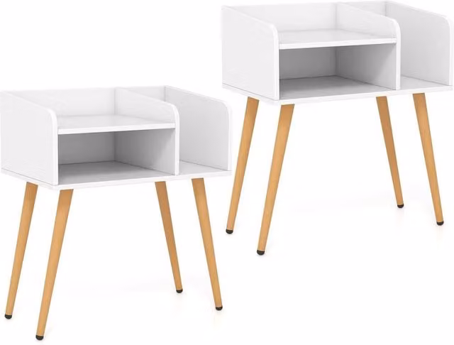 VOGREX Set of 2 White Mid Century Nightstands with Open Shelves