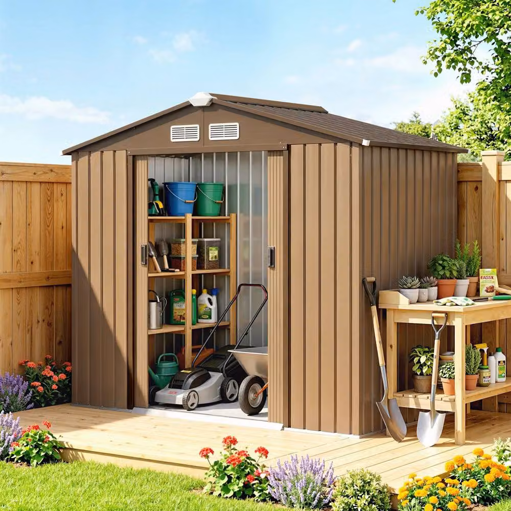 Rolipo Lockable Metal Garden Shed in Brown, W/D/H: 213.36 x 121.92 x 185 cm – 2