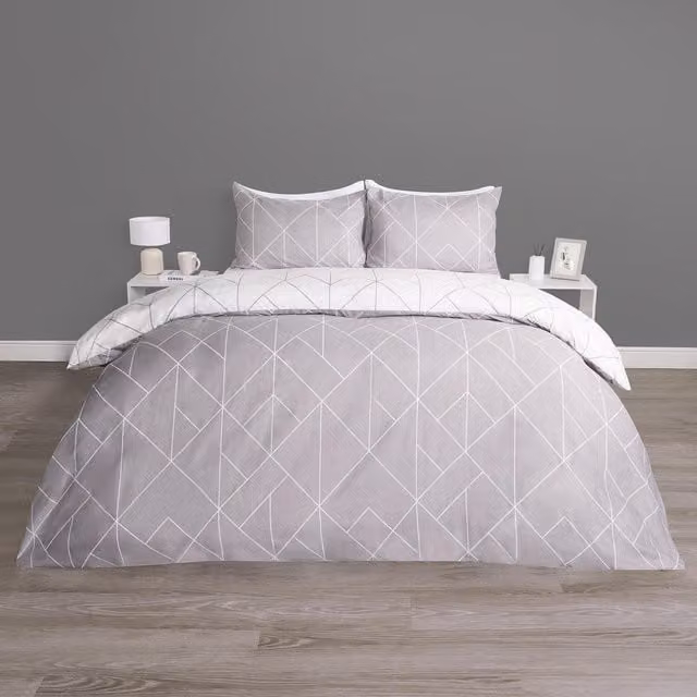 OHS Grey Geo Reversible Print Polycotton Duvet Set, 200 x 200 cm