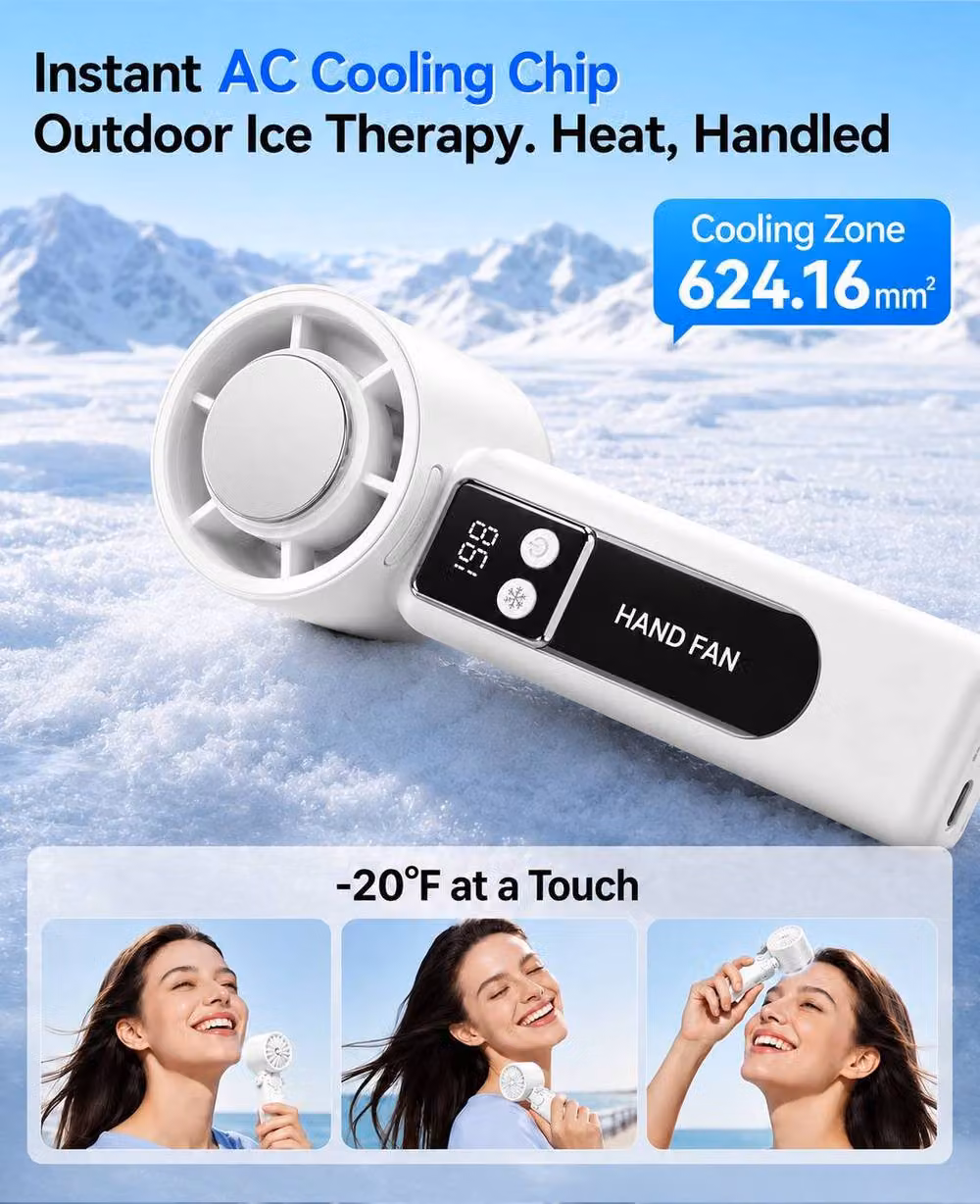 Dyzi Handheld AC Ice Cooling Fan, USB-C Rechargeable Portable with 199 Speeds, White – 5