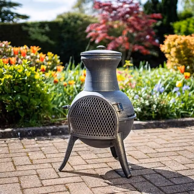 mysmartbuy El Clasico Chiminea Bronze Effect Metal Outdoor Garden Fire Pit Bowl with Mesh Door and Fuel Grate, H 69 cm x Diameter 38 cm – 1