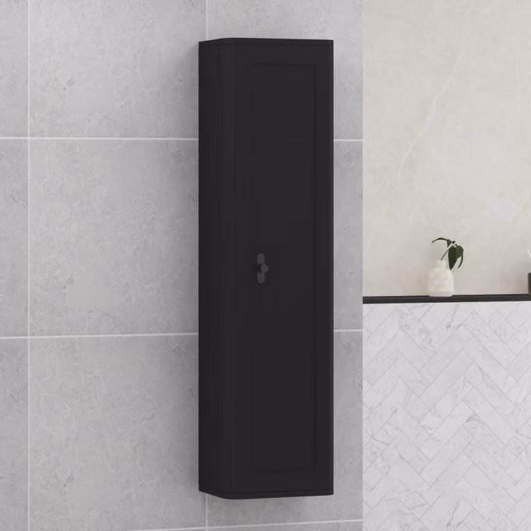 Royal Bathrooms Henley Matt Nocturne Black 1-Door Wall Hung Tall Boy Cabinet Unit with Matt Black Knob, Height: 139 cm