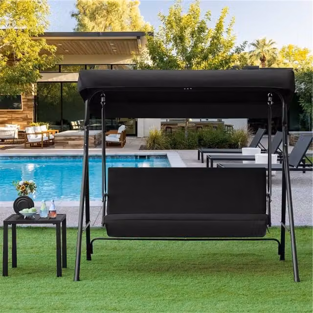 Yaheetech 3-Seat Modern Patio Swing Chair with Sun Canopy and Cushions in Black