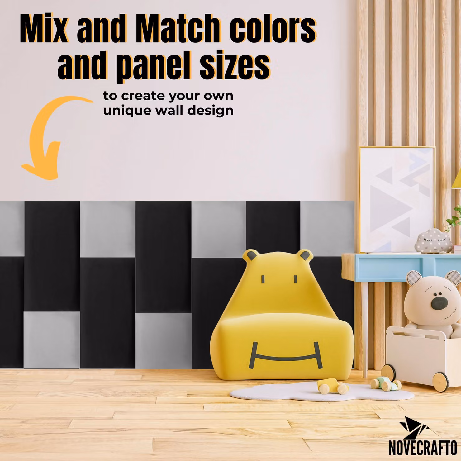 Novecrafto Set of 6 Soft Velvet Upholstered Wall Panels with Adhesive, Black, W: 60 cm, H: 30 cm – 4