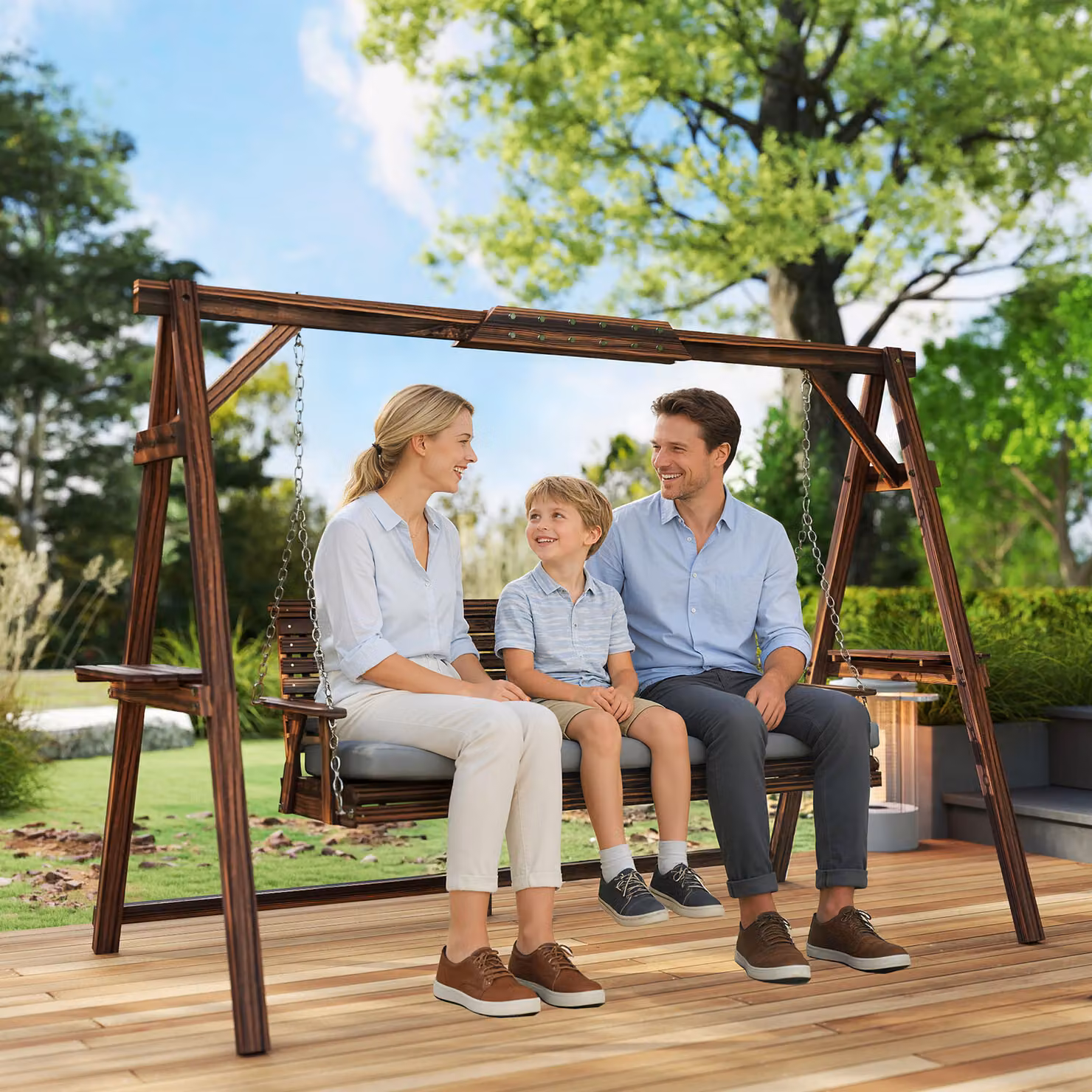 Outsunny 3 Seater Wooden Garden Swing Seat with Cushions and Side Trays, Carbonised Brown – 9