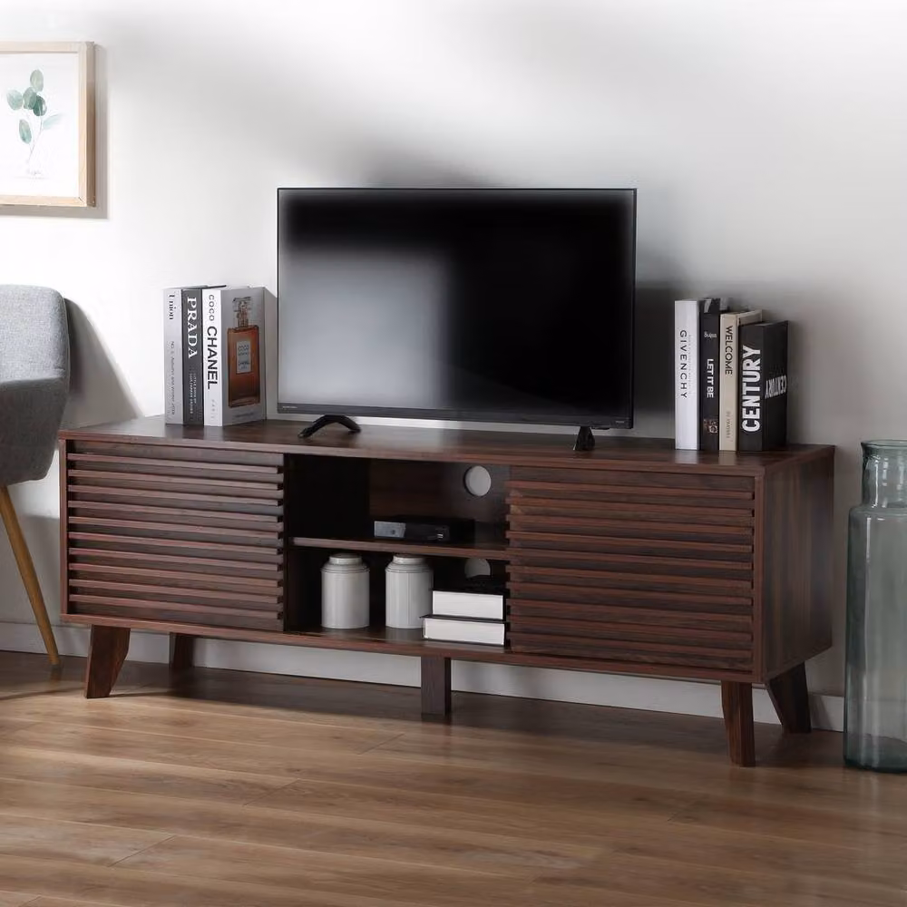 CALICOSY Modern TV Unit with Sliding Doors and Grooved Wood-Effect Fronts in Brown, W: 135 cm, D: 39 cm, H: 51.5 cm – 6