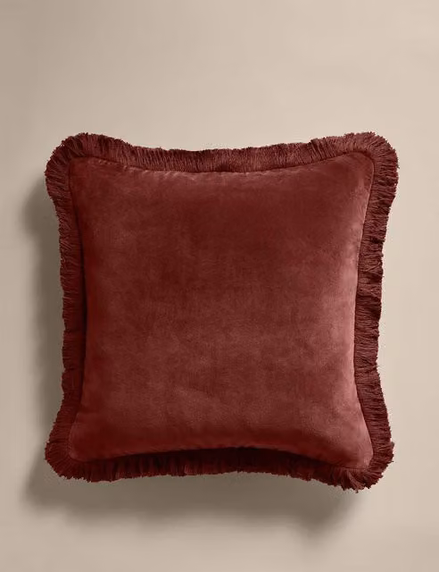M&S Pure Cotton Velvet Fringed Square Cushion in Chestnut Brown