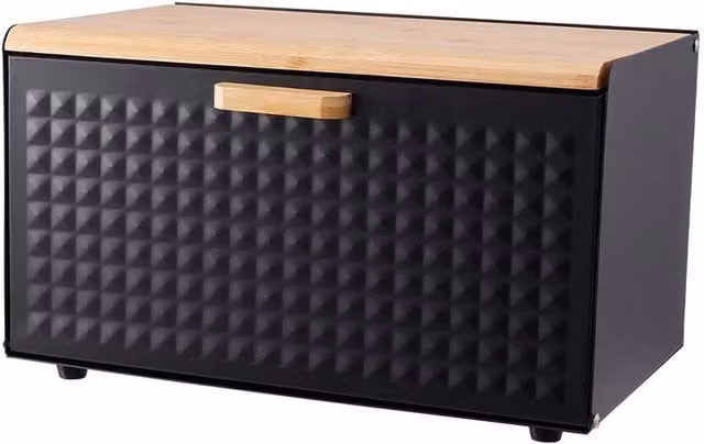 PAWNORA Dual Open Bread Bin in Black with Bamboo and Metal Accents – 1