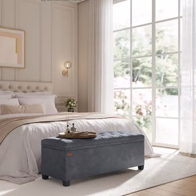 SONGMICS Storage Ottoman Bench in Grey Velvet, W/D/H: 110 x 40 x 40 cm