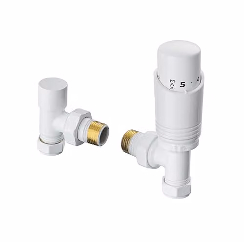 Terma Cylindrical Thermostatic Radiator Valve and Lockshield Set, Angled, White Matt
