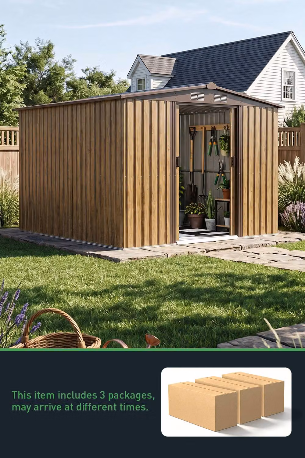 Living and Home Metal Apex Roof Garden Storage Shed with Sliding Door, Brown, W: 243.84 cm, D: 243.84 cm, H: 187.16 cm – 2