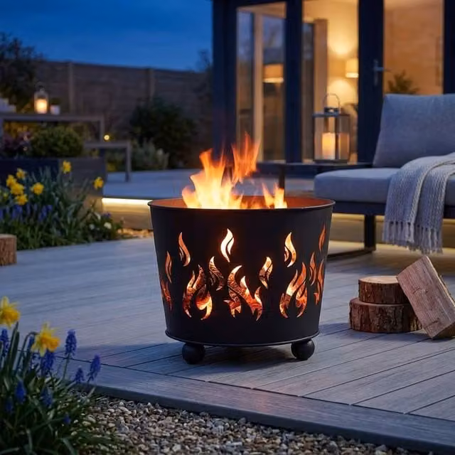 Garden Greatness Fuego Laser Cut Flame Design Steel Firebasket in Black and Multicolour, W/D/H: 39.0 x 39.0 x 32.0 cm