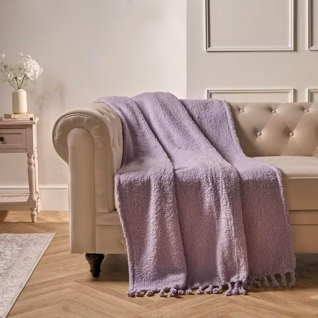 OHS Purple Fleece Sherpa Tassel Throw Blanket with Fringes