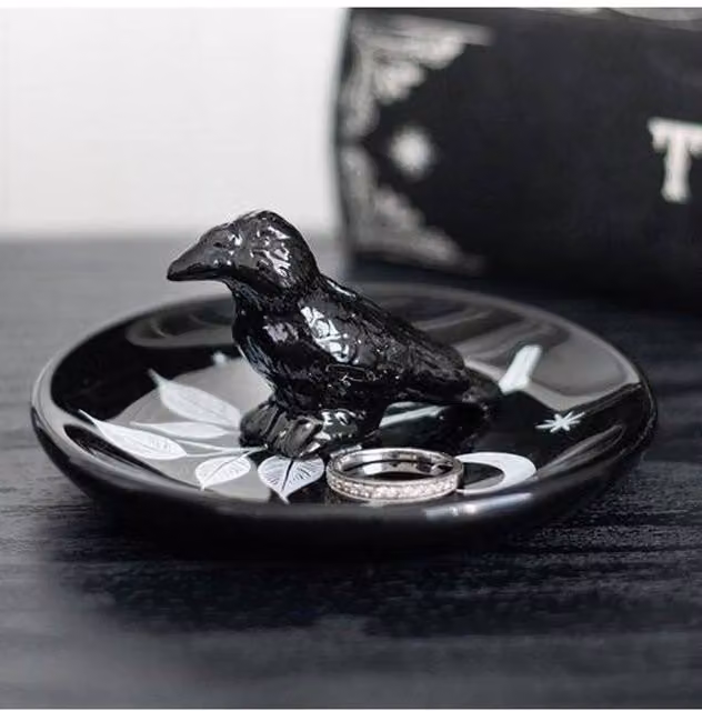 KDMD Mystic Raven Ceramic Trinket Dish in Black and White with Floral Design – 1
