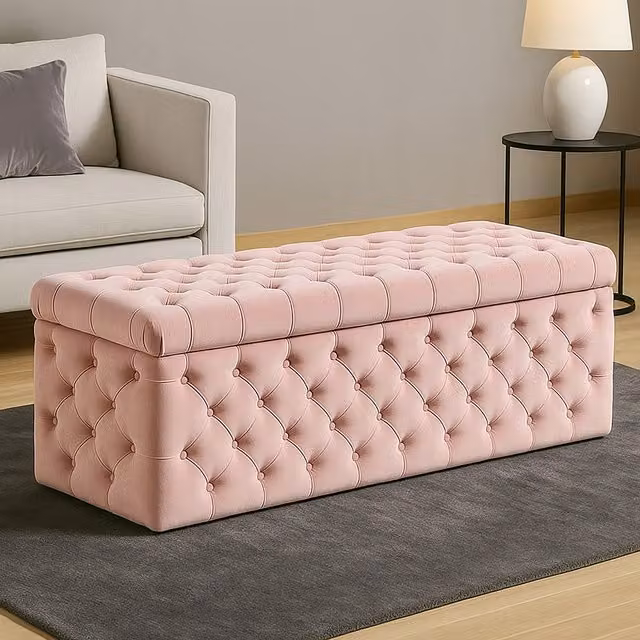 R&M Furnishers Wide Lux Chesterfield Ottoman Storage Box in Pink Plush Velvet