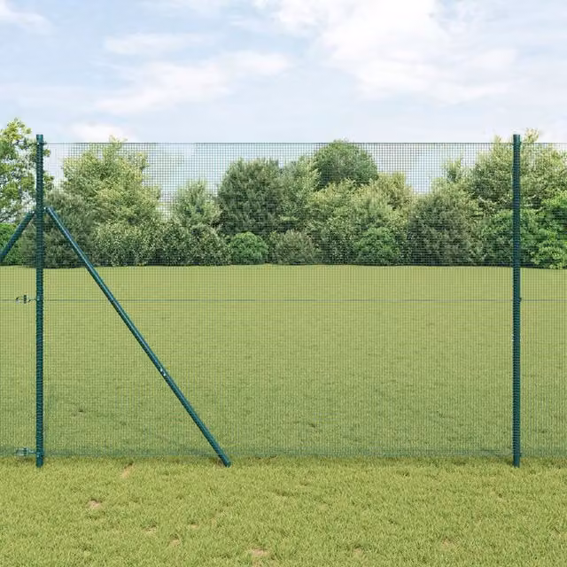 Berkfield Home Green Steel Welded Wire Fence with 13 Round Posts, W: 25 m, H: 1.6 m