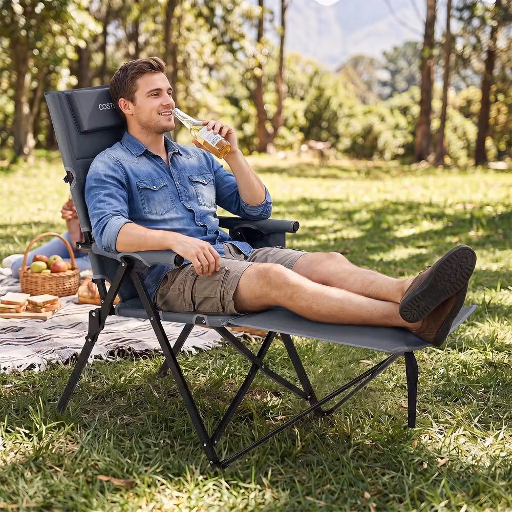Costway 2-in-1 Reclining Camping Chair with Footrest and Armrests in Grey – 2