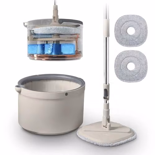 Tower Duo Compact Spin Mop and Bucket with 360 Degree Wringer and Microfibre Pads, Grey – 1
