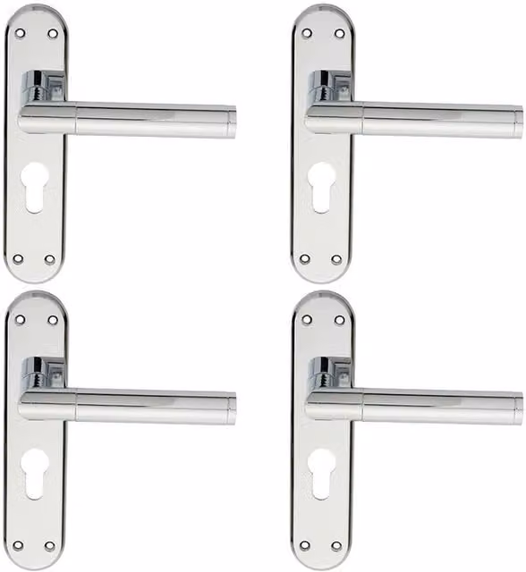 Loops 4x Round Bar Lever Door Handle with Euro Lock Backplate in Polished Chrome, W: 180 mm x H: 40 mm