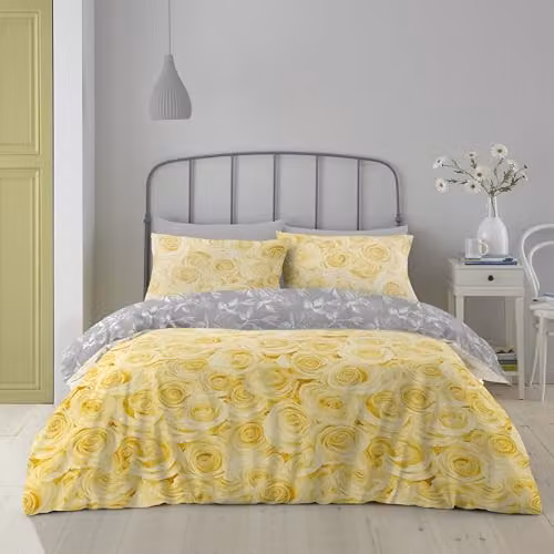 GC GAVENO CAVAILIA Reversible Floral Polycotton Duvet Cover and Pillowcase Set in Ochre Gold – 1