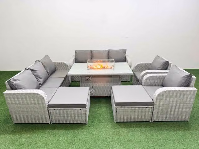 Fimous PE Rattan High Back Lounge Sofa Set with 3 Seater Sofa, Reclining Chair, 2 Footstools and Firepit Dining Table in Light Grey