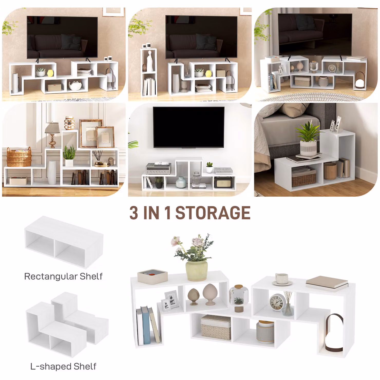 HOMCOM Modular White TV Stand with Storage Shelves and Expandable Entertainment Centre – 4