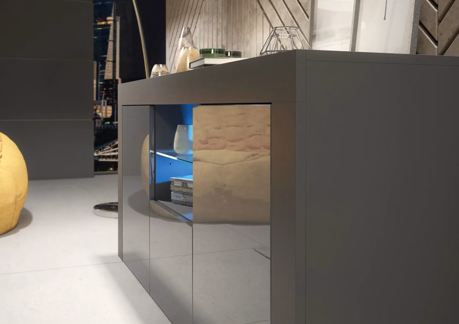 Creative Furniture Aurora Sideboard in Dark Grey with Glossy Doors and Integrated LED Lighting, W: 145 cm, D: 35 cm, H: 70 cm – 5