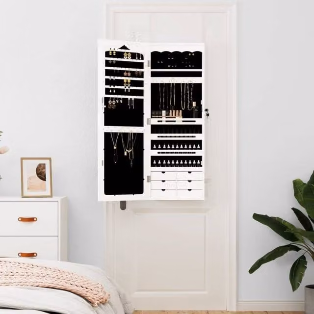 Berkfield Home Wall Mounted Mirror Jewellery Cabinet in White, W/D/H: 37.5 x 10 x 106 cm