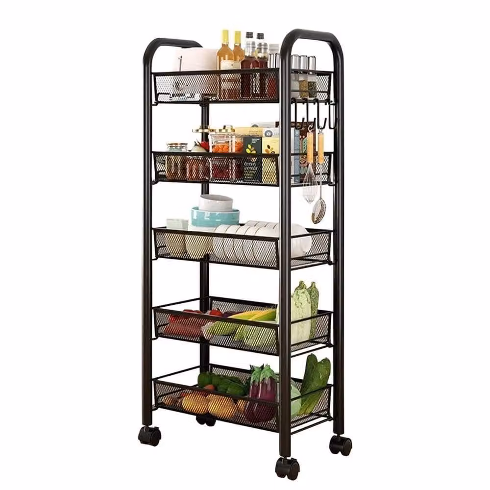 VOGREX 5-Tier Black Metal Mesh Rolling Kitchen Storage Cart – 4