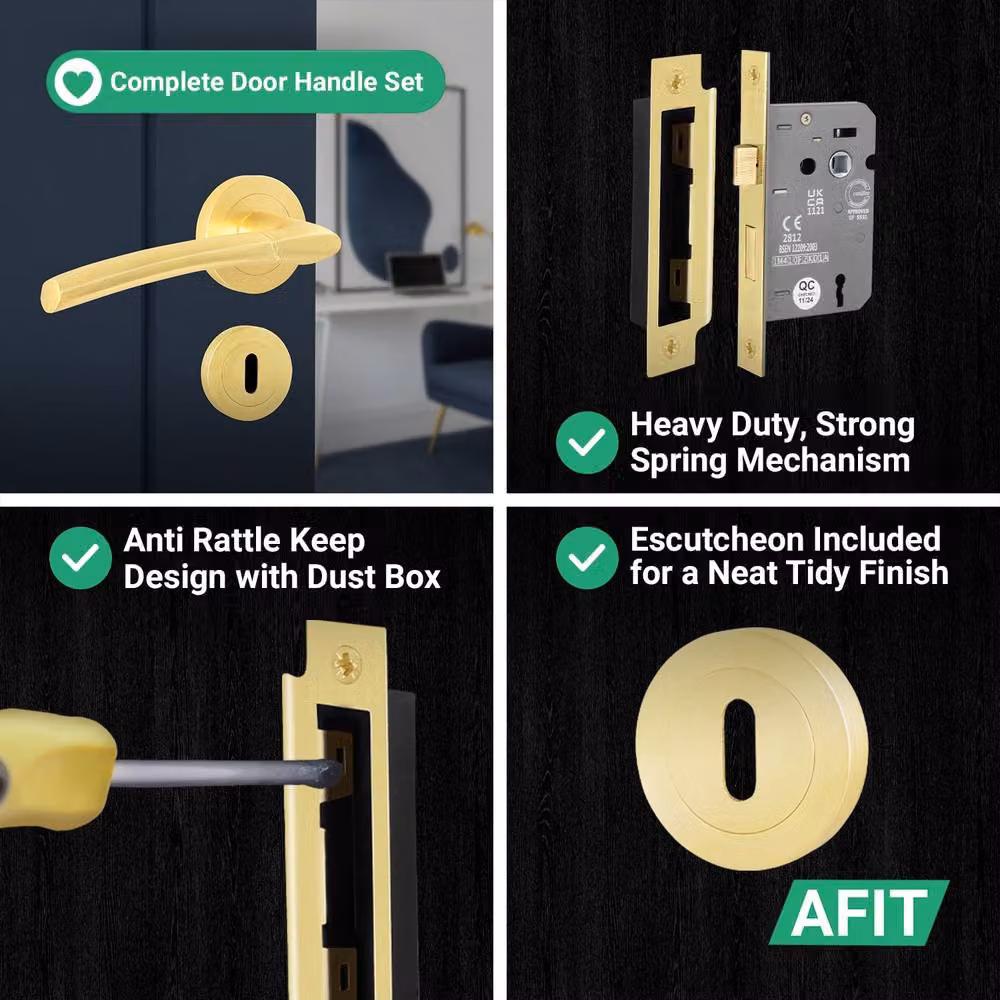 AFIT Gold Brass Rose Key Lock Kit, 1 Pair of Lever Handles with 64mm Lock, W/D/H: 15.0 x 15.0 x 15.0 cm – 5