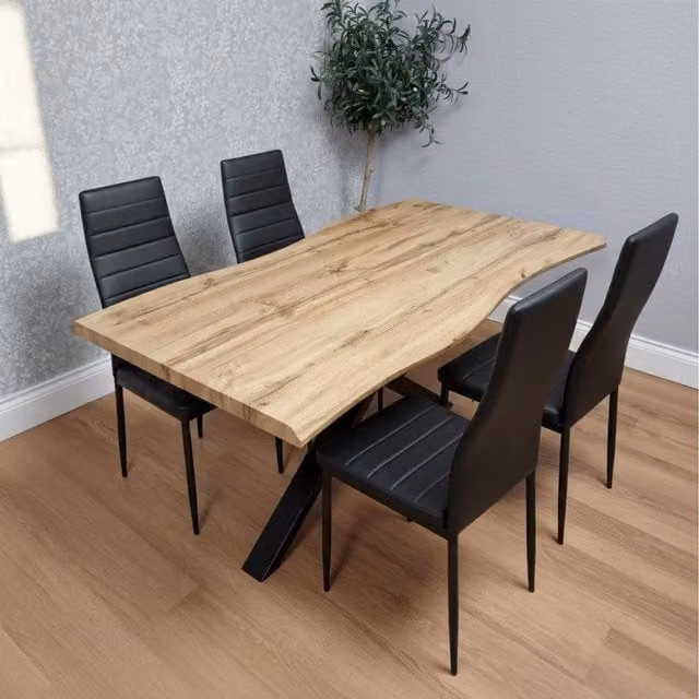 Kosy Koala Modern Rectangular Wood and Metal Dining Table Set with 4 Chairs, Black, W: 140 cm