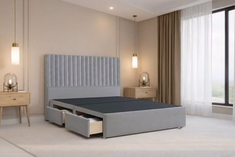Chester & Oakley Lorenzo Plush Divan Bed Base with 2 Drawers and 54 inch Headboard in Silver, Size: Double (W/D/H: 140 x 200 cm)
