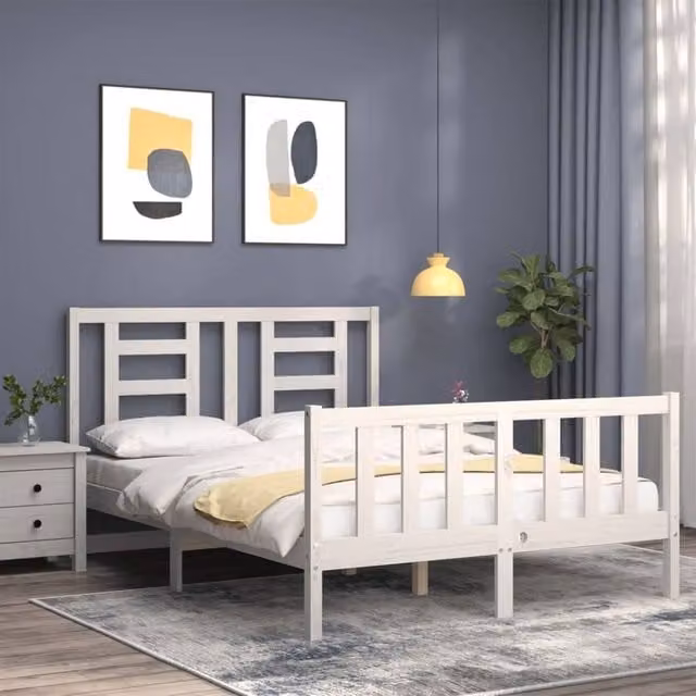 Berkfield Home Beautiful Solid Wood Bed Frame with Headboard in White, W/D/H: 120 x 200 cm