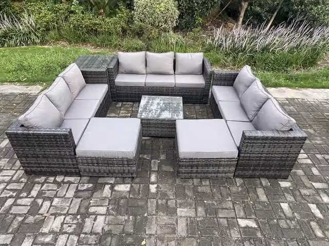 Fimous 11 Seater Outdoor Rattan Garden Furniture Set in Dark Grey with Coffee Table and Ottomans