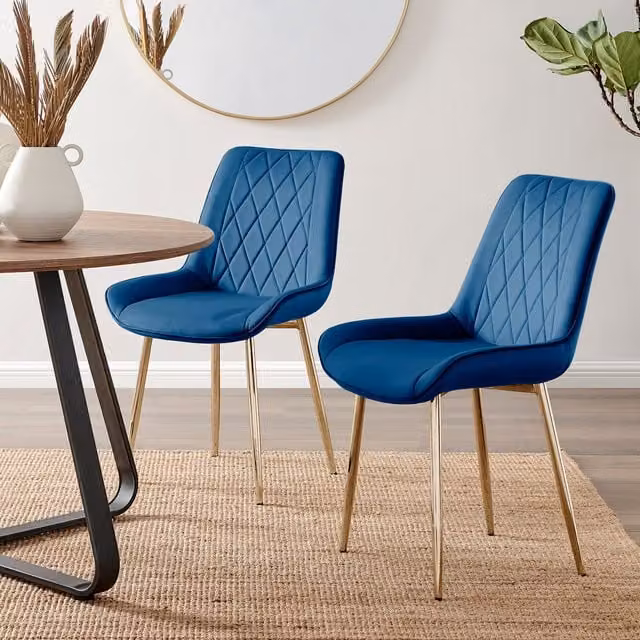FurnitureboxUK Set of 2 Pesaro Navy Velvet Dining Chairs with Gold Metal Legs and Diamond Pattern