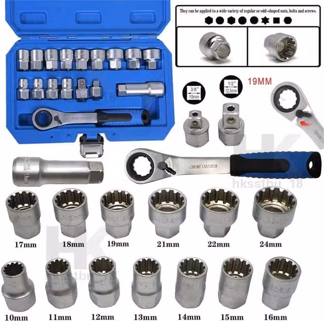EONLION Pass Through Go Thru Metric Ratchet Wrench and Sockets Set in Silver Chrome Vanadium Steel – 1