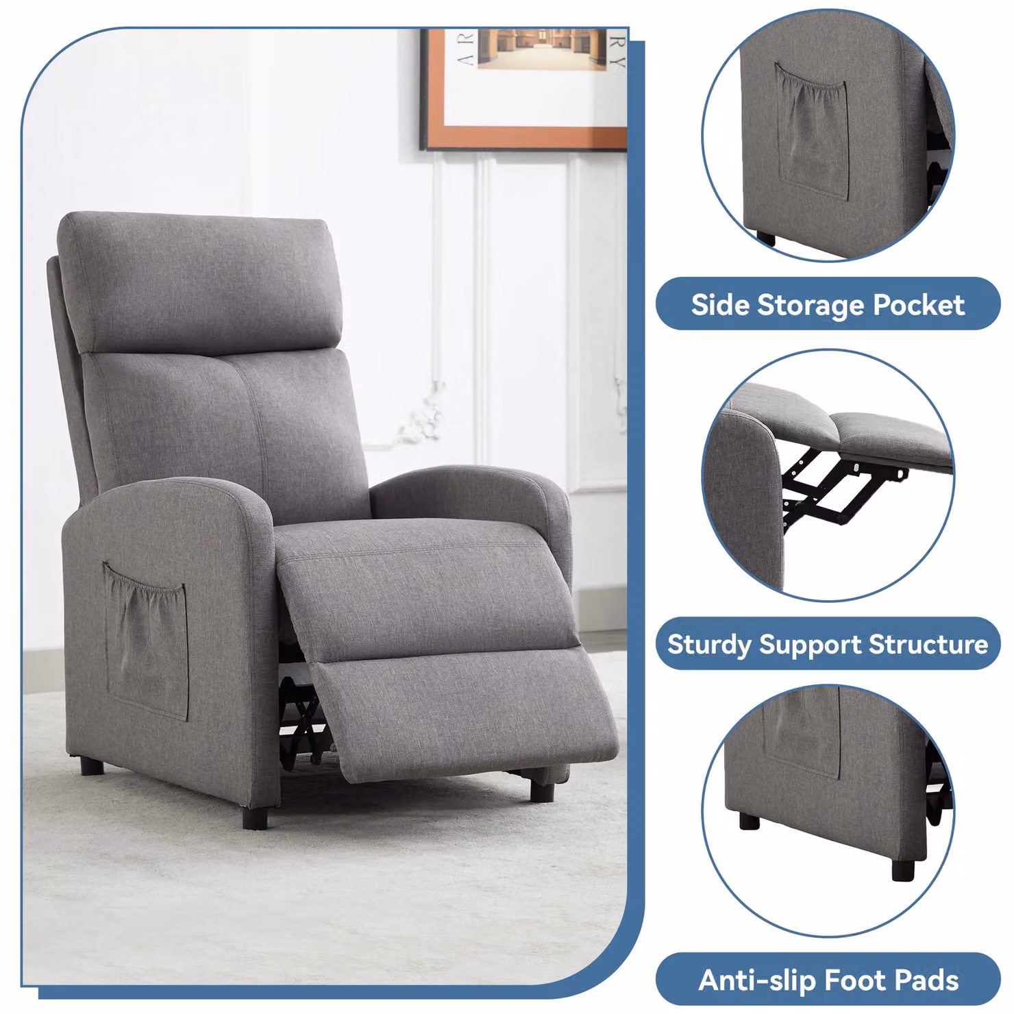 MCC Direct CozyLiving Grey Linen Fabric Push Back Reclining Armchair – 3