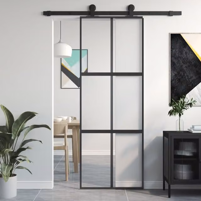 Berkfield Home Minimalist Sliding Door in Black with Transparent Tempered Glass and Aluminium, W: 76 cm, H: 205 cm