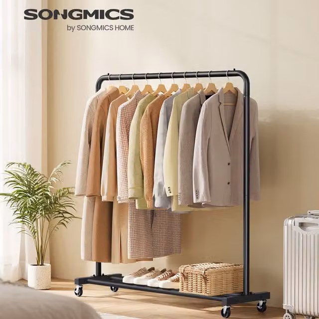 SONGMICS Black Metal Clothes Rack with 2 Lockable Wheels, W/D/H: 110 x 38 x 141.5 cm