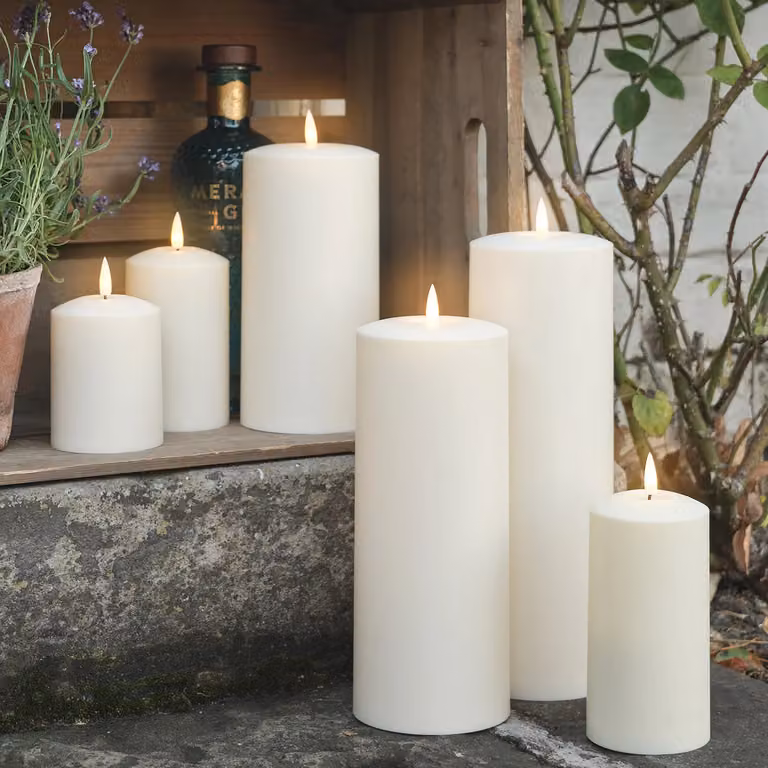 TruGlow® Waterproof Outdoor White Pillar Candle Bundle with Flicker Effect and Timer