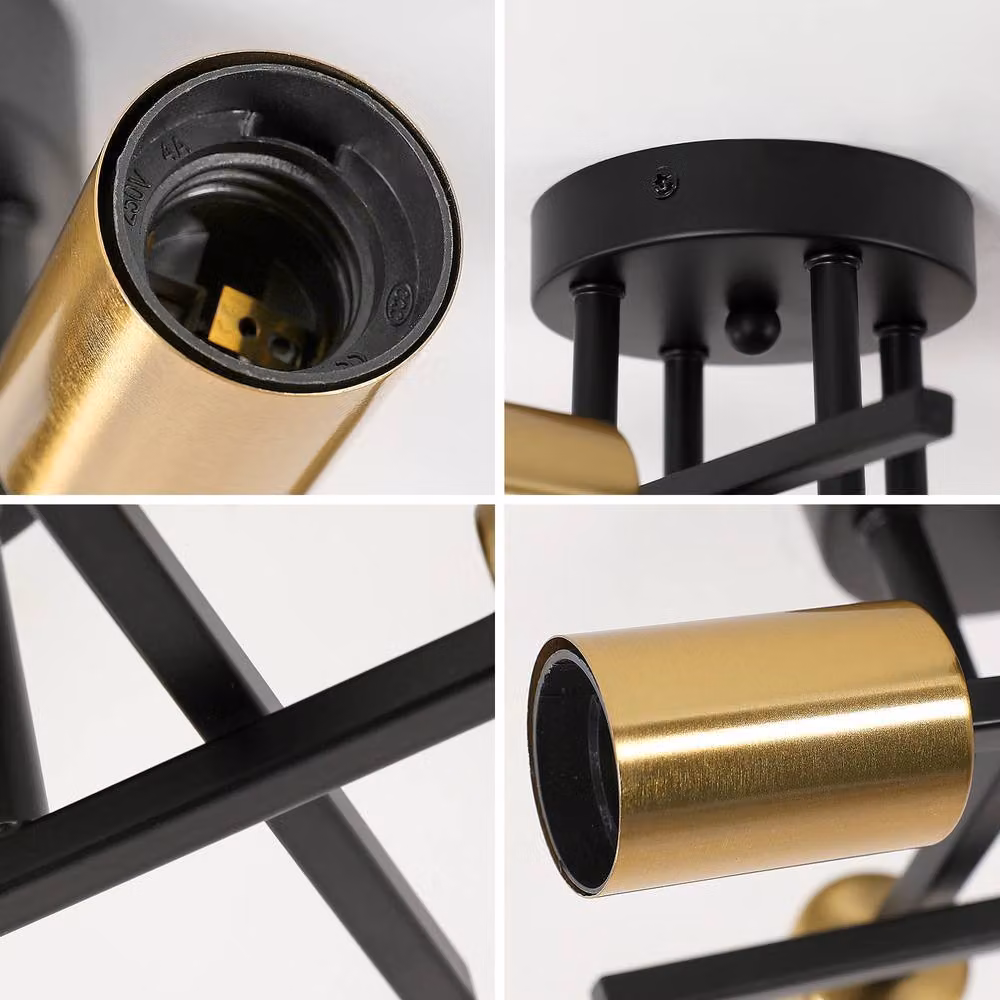 Pheashine Black and Gold 4-Light Industrial Metal Ceiling Light with E27 Base, Diameter: 28 cm – 4