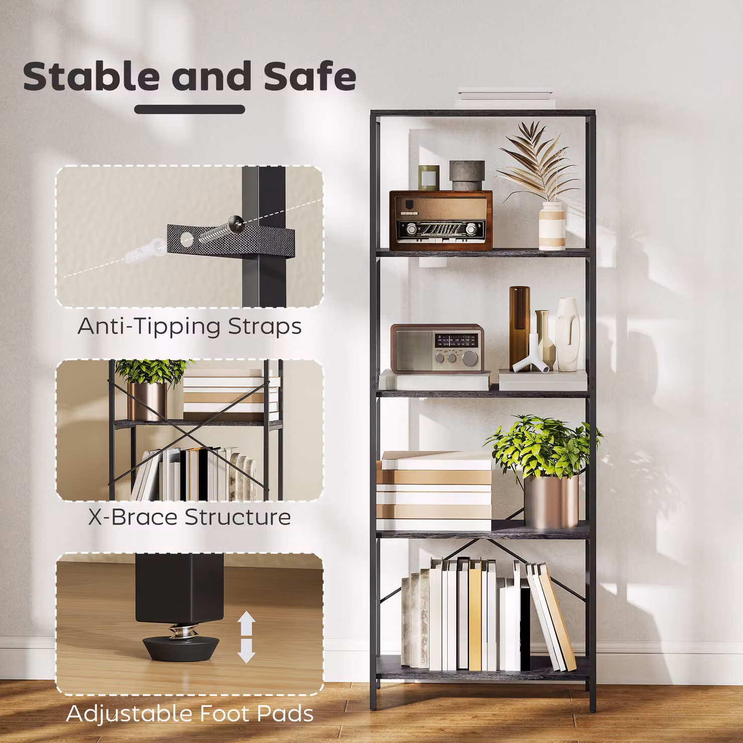 HOMCOM 5-Tier Industrial Bookshelf with Metal Frame in Dark Grey and Black – 4