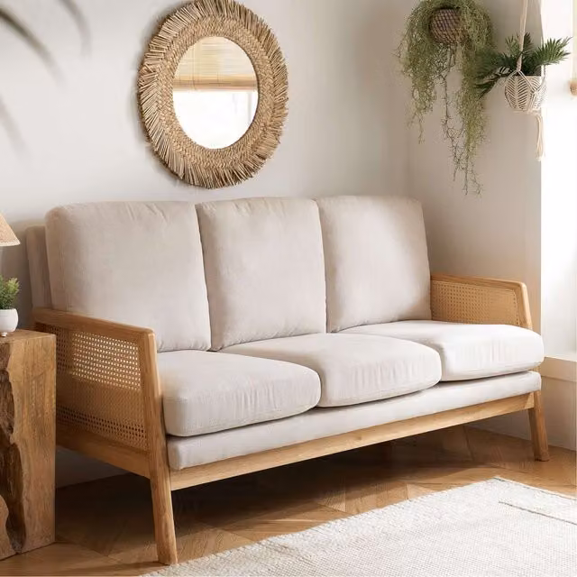 Birlea Ivy 3 Seater Rattan Sofa with White Fabric Upholstery in Bone White