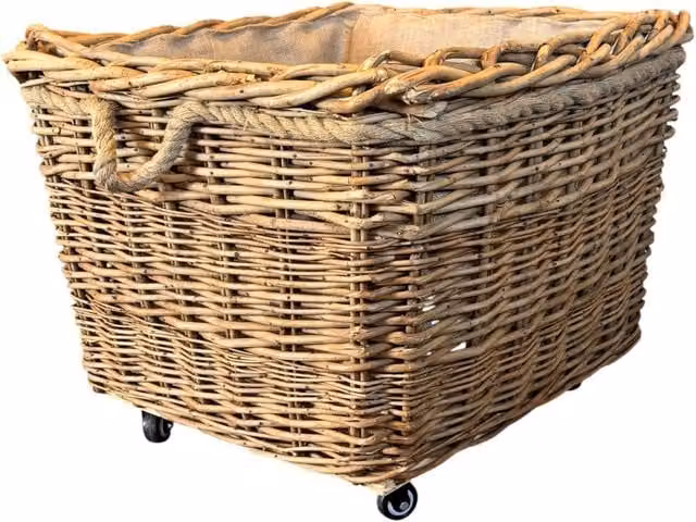 Red Open Weave Hamper with Handles and Wheels in Brown