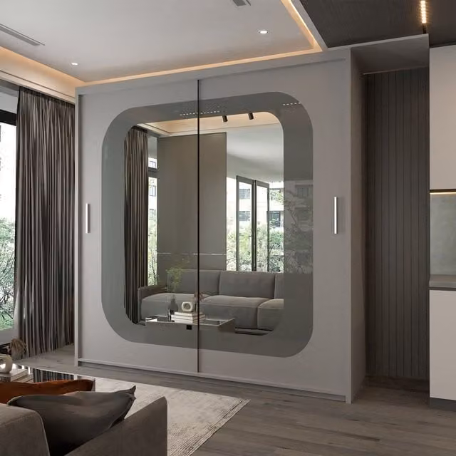 Sliding Wardrobes 4U Modern Double Door Sliding Wardrobe with Integrated LED Light, Grey, W: 150 cm, H: 217 cm – 1