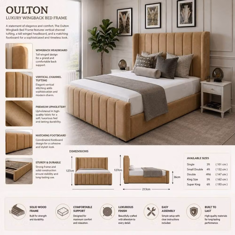 Stratus Interiors Oulton Premium Wingback Panelled Upholstered Bed Frame in Brown, Size: Single, W/D/H: 90 x 190 cm – 3