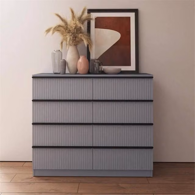 VOGREX 8 Drawer Chest of Drawers with Ripple Design in Matt Grey