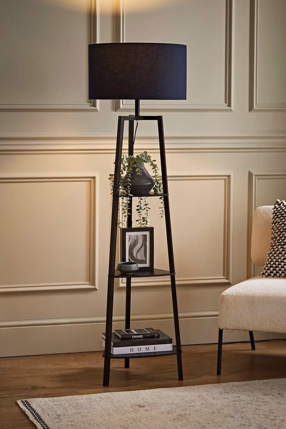 ValueLights Hiru Black 3 Tier Shelf Floor Lamp with Navy Blue Fabric Drum Shade and Bulb Included – 2